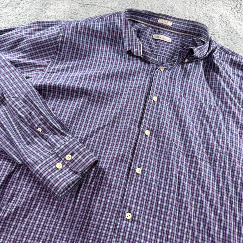 Peter Millar Mens XXL Purple Blue Plaid Cotton Long Sleeve Button Down Shirt